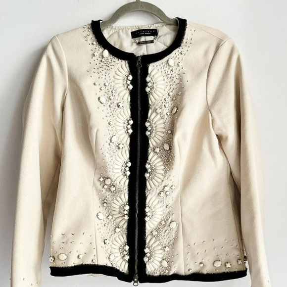 Twin Set Simona Barbieri Ivory Beaded  Zip Closure Jacket L - Picture 1 of 8
